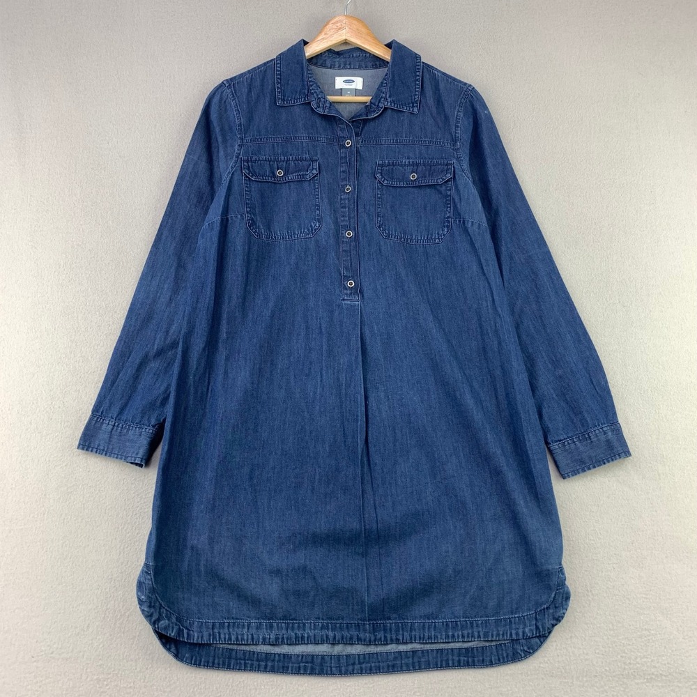 Old Navy Chambray Shift Dress Women M Blue Dark Wash Long Sleeve Western